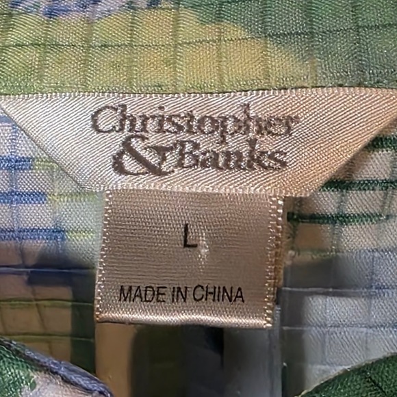 Christopher & Banks Women L Blue Green Floral Waffle Blazer Button Spring Jacket - Picture 8 of 11